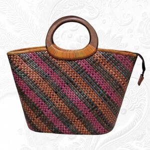 Handmade Woven Pandan Leaves Multicolor Tote Bag with Wooden Handles, Large